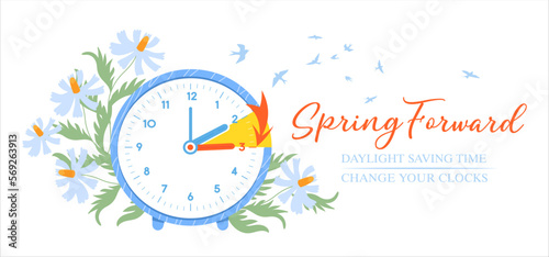 Spring Forward. Daylight Saving time begins concept. Set clock forward one hour.