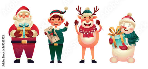 Christmas card person set. Collection of stickers for social networks. Elf  deer  snowman and santa claus waving affably  New Year. Cartoon flat vector illustrations isolated on white background