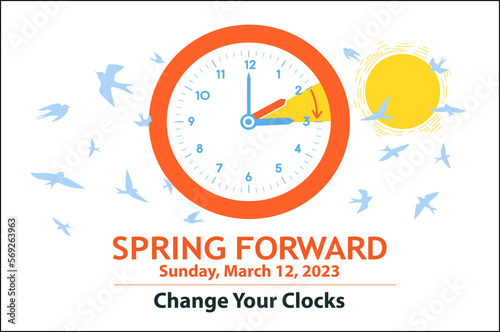 Spring Daylight Saving Time 2023. Banner reminder with changing clocks to one hour ahead. Graphic vector illustration concept of Spring Forward with date of march 13. 2023