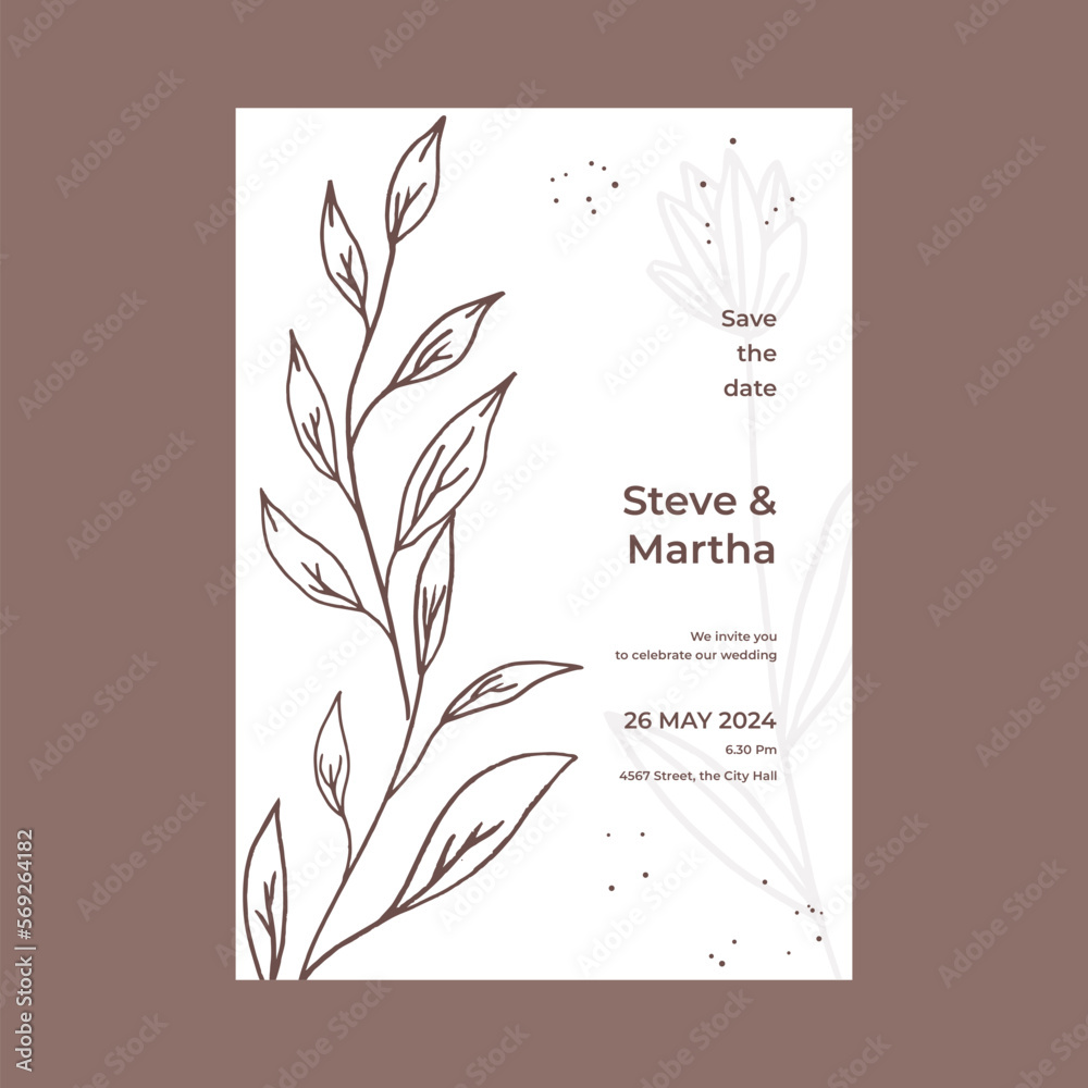 Obraz premium Minimalist wedding invitation template simple style with hand drawn floral decoration
