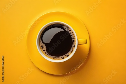  a cup of coffee on a saucer on a yellow background with a shadow of a cup of coffee on the saucer, top view from above.  generative ai