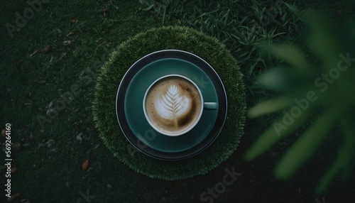  a cup of coffee on a saucer in the grass with a leaf on top of the foam in the middle of the cup is a green saucer. generative ai