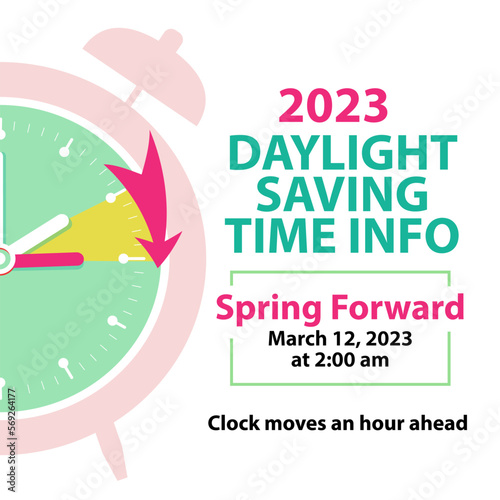 Daylight Saving Time Info Banner. Spring Forward concept with clock and moves arrow an hour ahead with date 12 march, 2023. Vector illustration concept