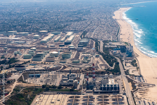 Aerial view of the Hyperion SAFE Center and the tanks of the Hyperion Water Reclamation plant in Los Angeles, California, USA.	 photo