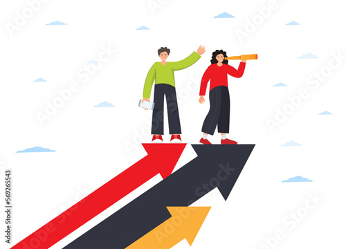 People holding telescope, generating ideas,looking for decisions, idea management, flat vector illustration