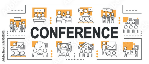 Conference banner concept. Collection of icons for website. Cooperation and collaboration, teamwork. Lecture and public speaking. Cartoon flat vector illustrations isolated on white background