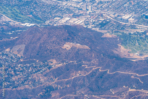 Canvas Print Hollywood, Los Angeles, California, USA:   Aerial view of Mount Lee overlooking