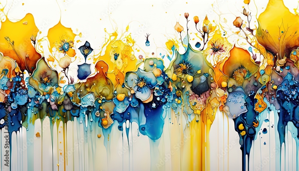 an abstract painting of yellow and blue flowers on a white background ...