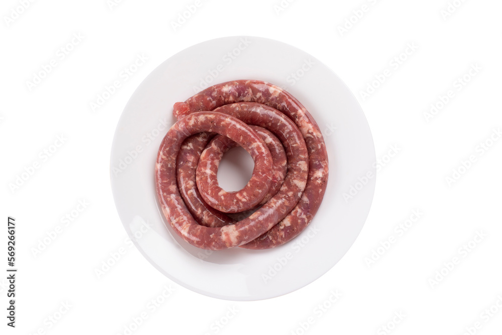 Fototapeta premium Raw sausage, for cooking preparation. Ingredients ready to be cooked. Isolated on transparent background.
