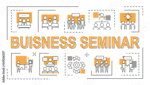 Business seminar banner. Collection of graphic elements for site. Public speaking and lecture. Education and training, press conference. Cartoon flat vector illustrations isolated on white background