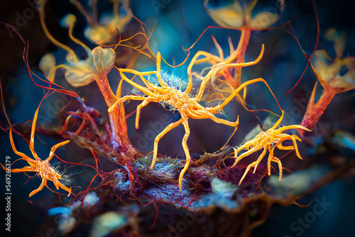 Wallpaper of cordyceps fungi, realistic detail photo macro, illustration, like the movie the last of us,