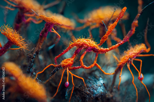 Wallpaper of cordyceps fungi, realistic detail photo macro, illustration, like the movie the last of us,