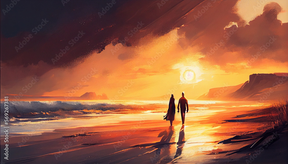 Sunset on the Beach: A Dreamy & Peaceful Stroll Amidst the Ocean's Serene Scene - Two People, Wide Angle, Cinematic, Painting, and the Golden Hour.