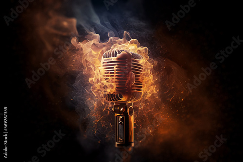 Burning vintage microphone made of fire, smoke and sparks on black background.
Digitally generated AI image