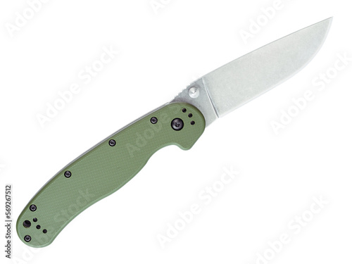 Opened folding knife edc with stonewash coverage isolated on transparent background