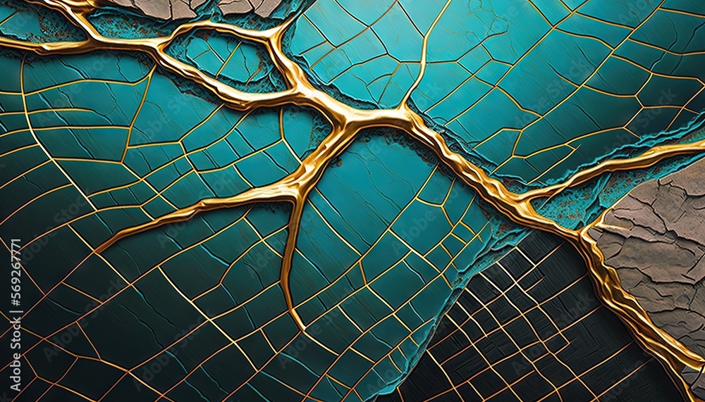 a close up view of a green and gold wallpaper with a design of leaves ...