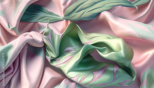  a close up of a pink and green fabric with a leaf design on the top of it and a green leaf on the bottom of the fabric. generative ai