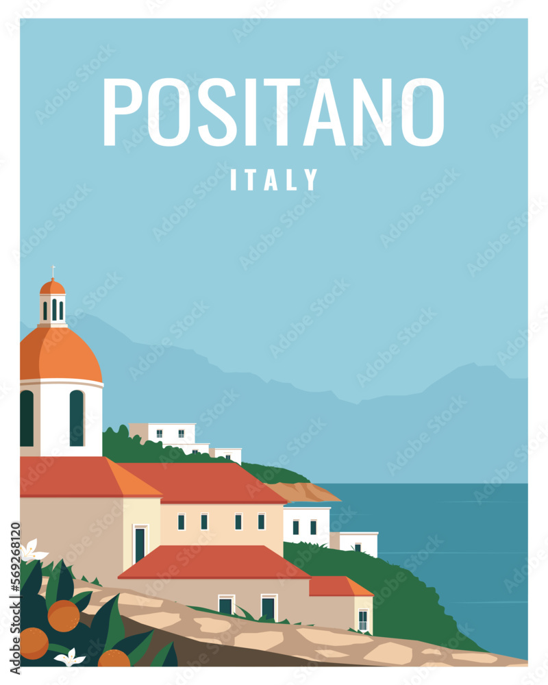 landscape view of Positano on Amalfi Coast Italy. vector illustration background for, poster, postcard, card, art, print.
