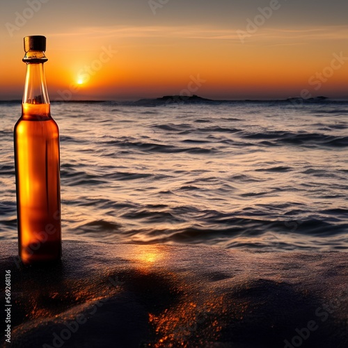 steel hip alcohol bottle with waves and sunset in the background - generative ai