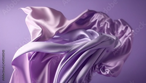  a purple and white silk fabric blowing in the wind on a purple background with a soft light reflection of the fabric on the top of the fabric. generative ai