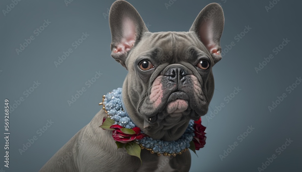  a dog with a collar and a flower collar is looking at the camera with a sad look on its face, while wearing a flower collar.  generative ai