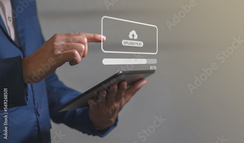 Hand touch on UPLOAD FILES. Data transfer, Backup data, Exchange of file on folder, DMS. Virtual document loading to another folder.