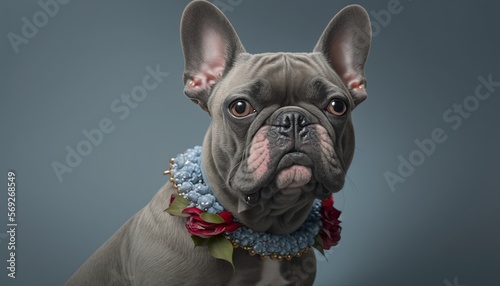  a dog with a collar and a flower collar is looking at the camera with a sad look on its face, while wearing a flower collar.  generative ai © Shanti