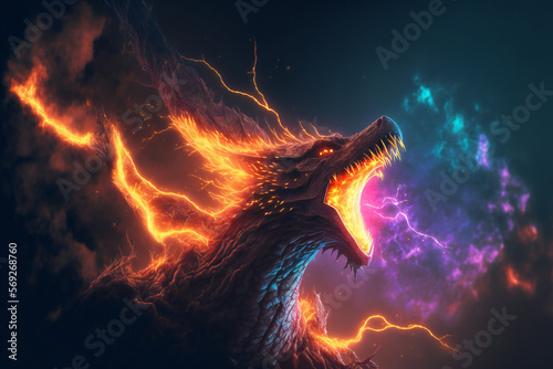 Lightning Dragon - Mythology creature - fantasy illustration - wyvern - Generative AI