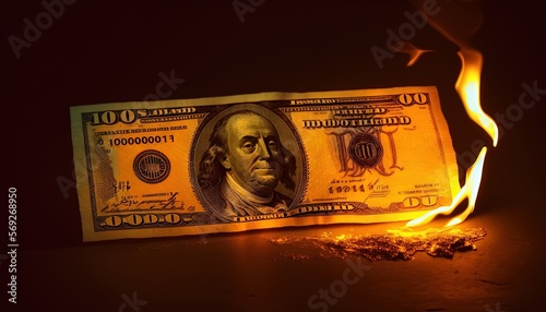  a burning hundred dollar bill on a dark surface with a cigarette in the foreground and a lighter in the foreground, with a dark background.  generative ai