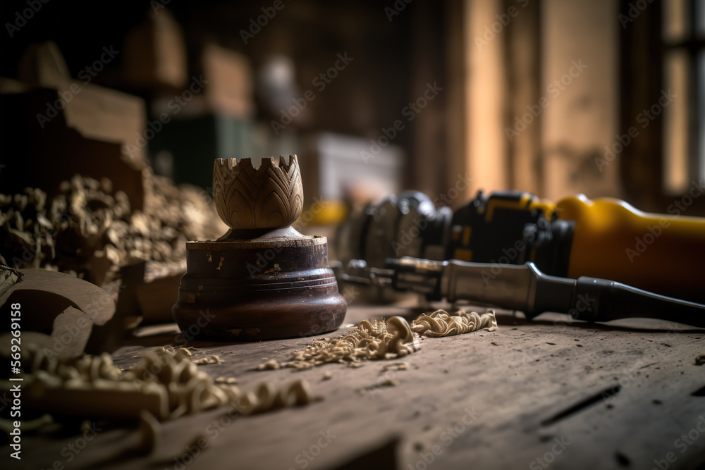Abstract carpentry woodcraft studio indoor background with copy space. AI generative image. Abstract carpentry woodcraft studio indoor background with copy space. AI generative image.