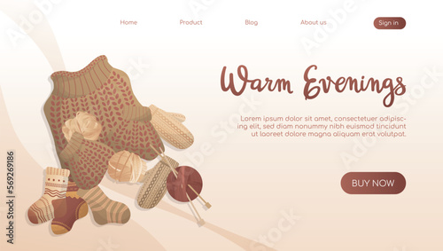 Threads and sweater. Warm evenings clothes, cozy winter for website, landing page. Flat vector illustration for poster, banner, advertising, cover. Knitting hand made products hobby poster concept.