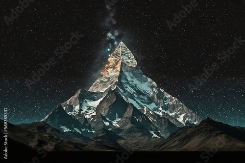  a very tall mountain covered in snow under a night sky filled with stars and a star filled sky with stars and a bright light shining on top of the mountain. generative ai