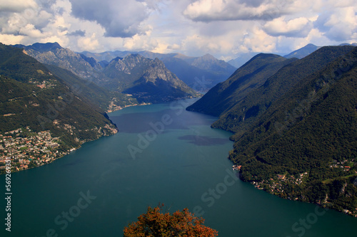 Panoramic view of the mountains and Lake Lugano from Mount San Salvatore in the city of Lugano, in southern Switzerland