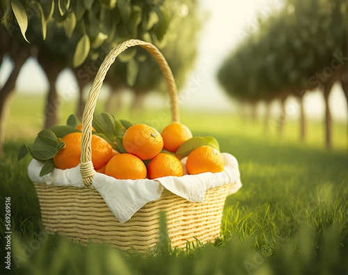 Ripe juicy oranges in a wicker basket on a beautiful outdoor flower garden background. Healthy organic food. Selective focus. AI generative.
