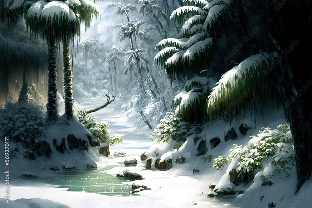 Illustration of frozen jungle or rainforest. Snow on tropical trees and