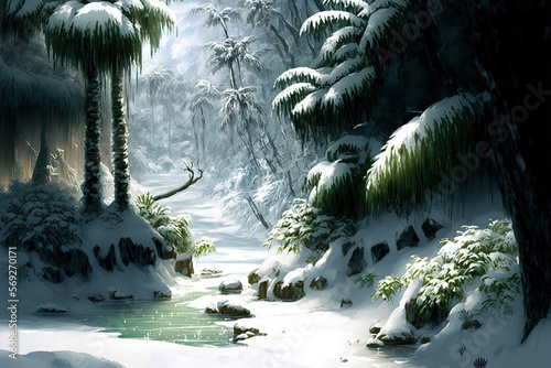 Illustration of frozen jungle or rainforest. Snow on tropical trees and plants. Climate change concept. AI generated image.
