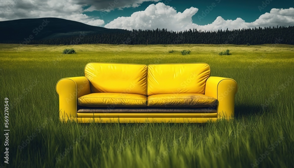 Φωτογραφία a yellow couch sitting in the middle of a lush green field with a mountain in the background and clouds in the sky over the horizon