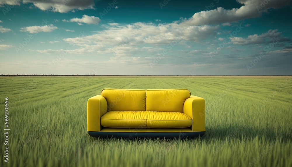 Φωτογραφία a yellow couch sitting in the middle of a field of green grass under a cloudy blue sky with white puffy clouds in the distance