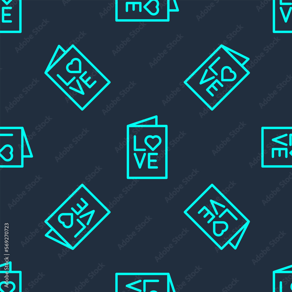 Green line Valentines day party flyer icon isolated seamless pattern on blue background. Celebration poster template for invitation or greeting card. Vector