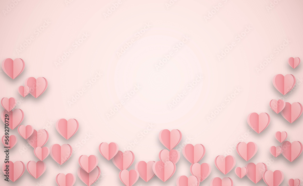 paper hearts on pink background. valentine's day, love, luxury background, birthday greeting card design. Paper elements in shape of heart flying on pink background.