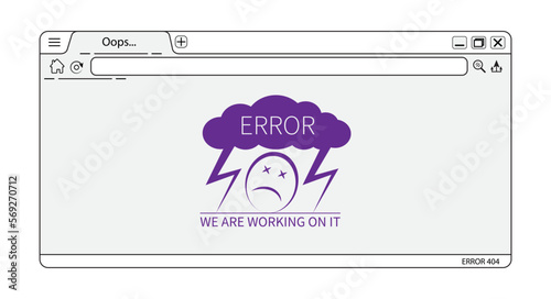 Internet browser webpage with error 404 oops message vector design. Internet browser with no connection, thunder, angry face. No internet connection homepage background illustration.