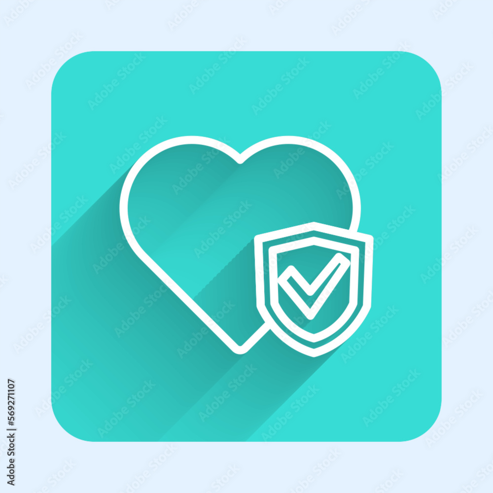 White line Life insurance with shield icon isolated with long shadow background. Security, safety, protection, protect concept. Green square button. Vector White line Life insurance with shield icon isolated with long shadow background. Security, safety, protection, protect concept. Green square button. Vector