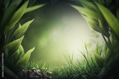 Beautiful abstract spring green grass background with copy space. Herbal rounded frame. Blank place for text. Ai generative image.