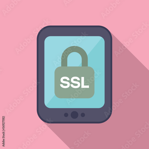 Tablet SSL certificate icon flat vector. Secure website. Padlock payment