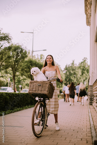 A young woman with a bichon dog in a bicycle basket takes a leisurely ride © BGStock72
