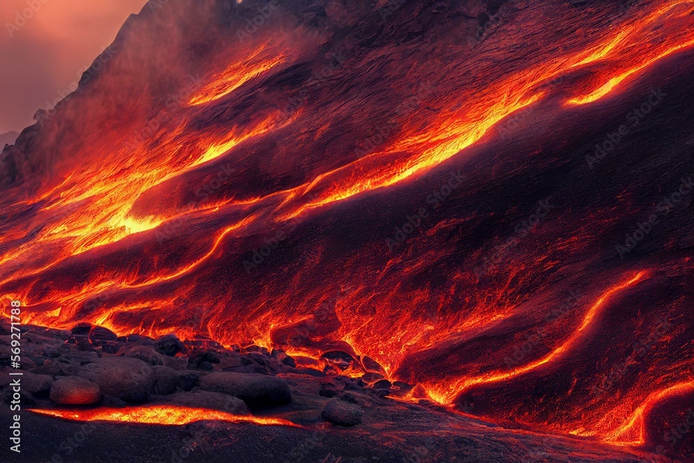 Peaceful vestige old wall in lava fire landscape, with Digital art. Old