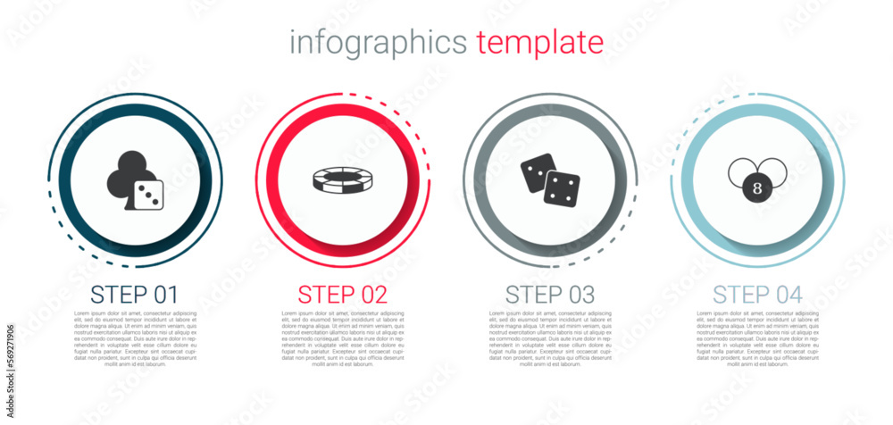 Set Game dice, Casino chips, and Lottery ball on bingo card. Business infographic template. Vector