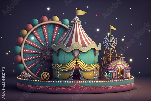  a carnival ride with a ferris wheel and a carnival tent in the middle of the ride is lit up with colorful lights and balloons in the night sky.  generative ai