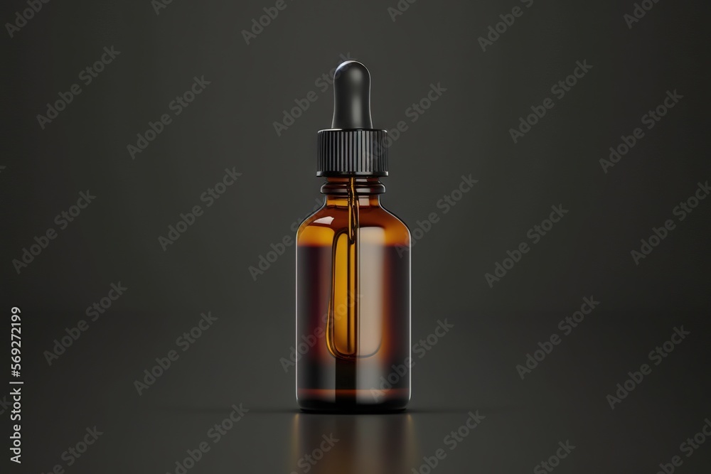  a brown glass bottle with a dropper on a black background with a reflection of the dropper on the top of the dropper.  generative ai