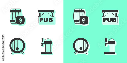 Set Dispenser beer, Wooden barrel, and Street signboard with Pub icon. Vector